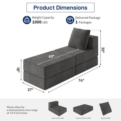 GYIIYUO 27" Single Modular Sectional Sofa Bed, 9-inch thick Memory Foam Floor Couch for Living Room Home Office, Apartment, Single