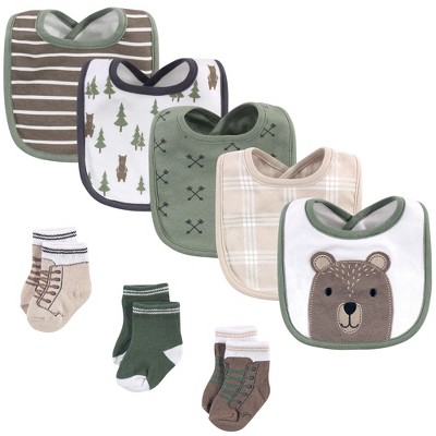 Hudson Baby Infant Cotton Bib and Sock Set 8pk, Forest Bear, One Size