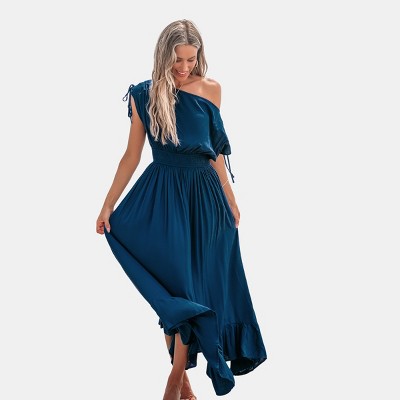 Women's Blue Off-Shoulder Flounce Hem Maxi Dress -Cupshe