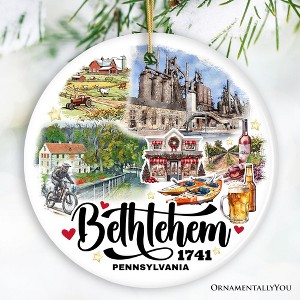 Artistic Bethlehem City Ceramic Watercolor Ornament, Pennsylvania State Colonial and Industrial Christmas Gift| OrnamentallyYou - 1 of 4