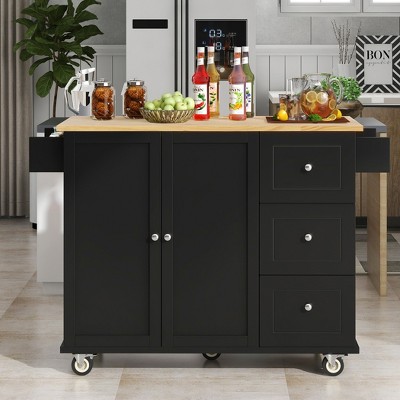 Rolling Kitchen Island Cart, with Wood Desktop, Cabinet and Drawers, Spice Rack, Towel Rack, Wine Rack, for Kitchen, Dining