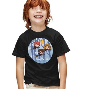 Boys' Short Sleeve Harry Potter Chibi Trio Flying On Broomsticks T-Shirt - 1 of 4