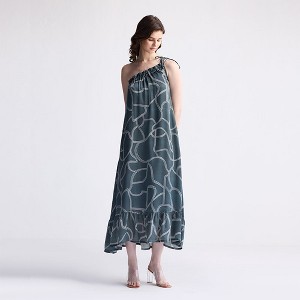 Reistor Women's One Shoulder Midi Dress in Abstract Stripes - 1 of 4