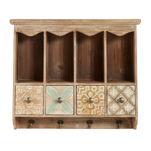 Wall Mount Wood Cabinet Top Cubbies | Rustic Floating Shelves for Storage  Shelf with Drawers