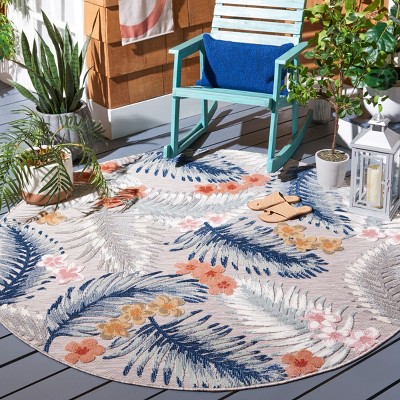 Gray and Navy Floral Round Synthetic Indoor/Outdoor Rug