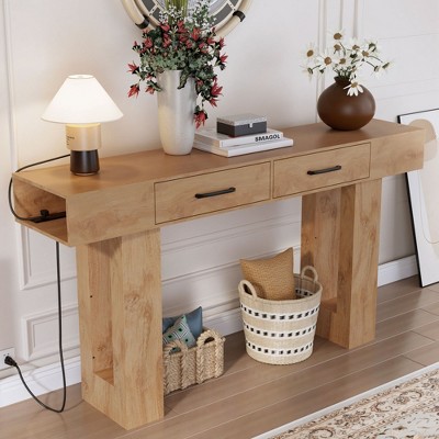Dolonm 2-Tier 63" Console Desk with 2 Drawers,U-shaped Base with Power Outlet & USB Ports/ LED Lights,for Entrances,Corridors,Behind Sofas