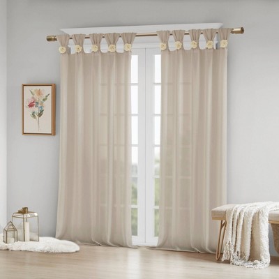 Linen Tab Top Sheer Curtain Panel with Floral Embellishments