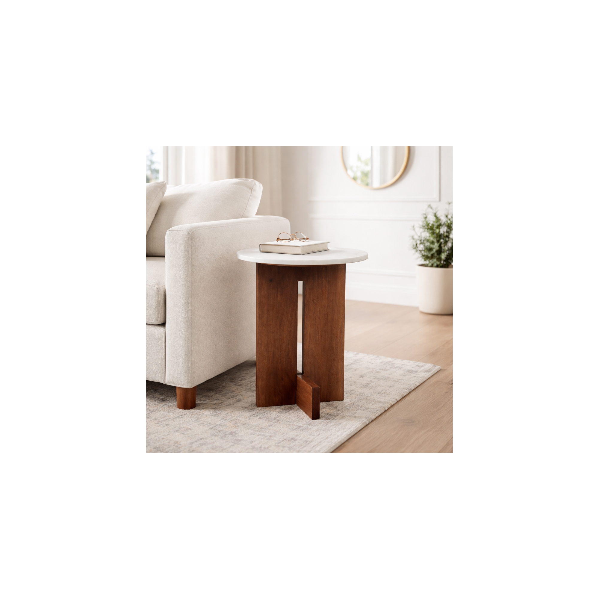 Home Decor End Table, Side Table, or Night Stand - Round Marble Top with Interlocked Wood Base Ideal for Big or Small Spaces - 22" White & Brown