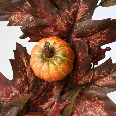 24" Artificial Maple Leaves Autumn Wreath with Pumpkins and Berries