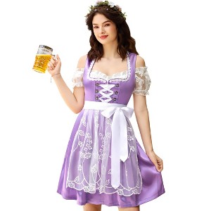 Women's Vintage 3 Piece Dress Costume Satin Floral Dress White Off Shoulder Crop Top Sheer Embroidered Apron - 1 of 4