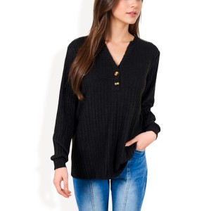 Anna-Kaci Women's V-Neck Ribbed Knit Long Sleeve Top with Button Detail - 1 of 4