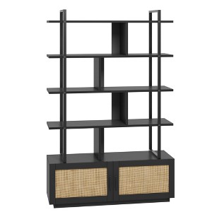 71.1 Inch Tall Industrial Style 5-Tier Rattan Bookcase with Storage Cabinet and Door Metal Frame for Living Room Bedroom, Oak - 1 of 4