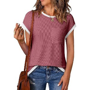 Women's Round Neck Short Sleeve Front Pocket Casual Summer Top Blouses - 1 of 4