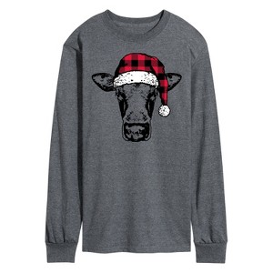 Men's - Instant Message - Cow Plaid Santa Hat Long Sleeve Graphic T-Shirt - 1 of 4