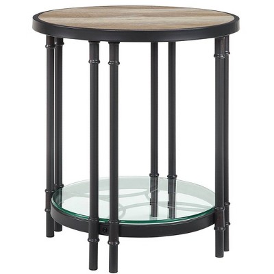 Modern Farmhouse Round Oak & Sandy Black End Table with Glass Shelf