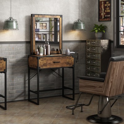 Sevobal Desks Styling Barber Station With Mirror Drawer and Charging Station, Beauty Salon Spa Equipment, Brown, 30.12"*16.73"*63.58"