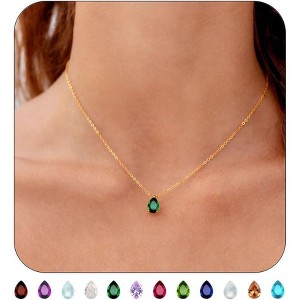 18K Gold Plated Birthstone Necklace, Dainty Emerald Green CZ Teardrop Pendant, Adjustable Jewelry Gift for Women - 1 of 4