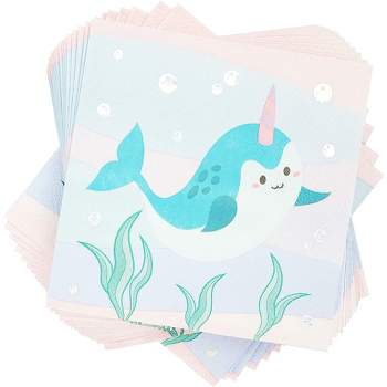 Blue Panda 50-Pack Narwhal Disposable Paper Napkins for Birthdays Party Supplies (5 x 5 Inches)