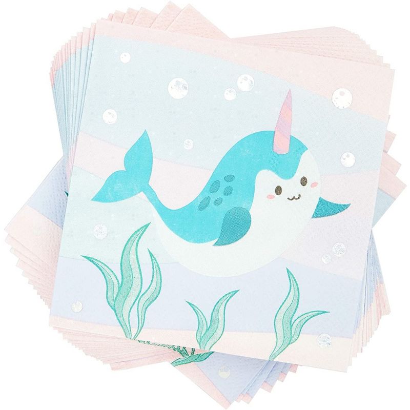 Blue Panda 50-Pack Narwhal Disposable Paper Napkins for Birthdays Party Supplies (5 x 5 Inches), 1 of 6