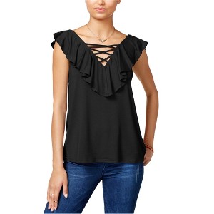 Hippie Rose Womens Lace up Knit Blouse, Black, Small - 1 of 1
