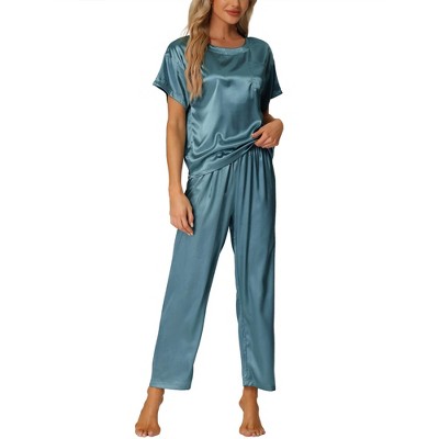 cheibear Women's Satin Summer Short Sleeves Sleepshirt with Pants Lounge Pajamas Sets