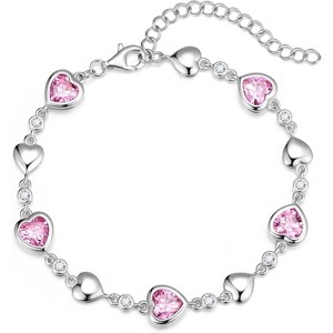 Five Heart Birthstone Tennis Bracelet, 925 Sterling Silver with Adjustable Extender, Anniversary Birthday Gift for Wife - 1 of 4