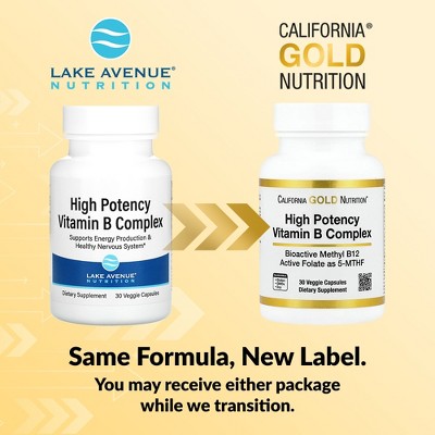 California Gold Nutrition High Potency Vitamin B Complex with Thiamin HCI, Niacin, Pantothenic Acid and Inositol, 30 Veggie Capsules
