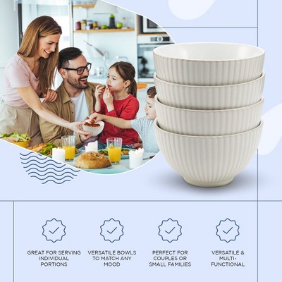 White Fluted Ceramic Cereal and Soup Bowls Set of 4