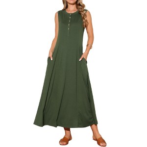INSPIRE CHIC Women's Sleeveless Button Fit Flare A-Line Flowy Casual Long Dress - 1 of 4