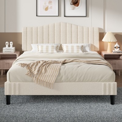 VECELO Bed Frame, Upholstered Platform Bed with Soft Teddy Fabric Adjustable Headboard, Beige/Gray