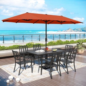 Captiva Designs 8pc Patio Dining Slat-top Rectangle Table & Stackable Steel Chairs & 13ft Large Umbrella - 1 of 4