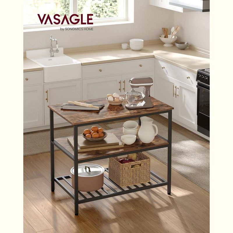 VASAGLE 3 Tier Kitchen Island, 39.4 Inches Kitchen Shelf with Large Worktop, Industrial, Rustic Brown and Black, 2 of 8