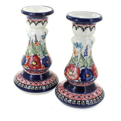 Blue Rose Polish Pottery Floral Butterfly Candle Stick Pair : Target