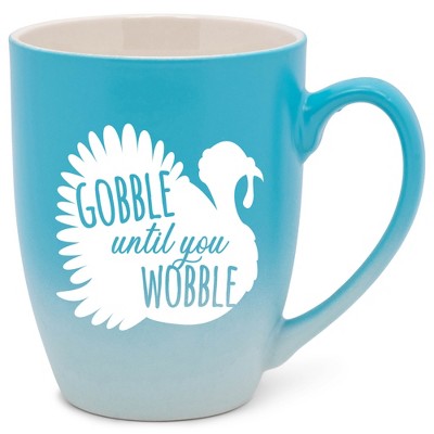 Elanze Designs Gobble Until You Wobble Two Toned Ombre Matte Teal and White 12 ounce Ceramic Stoneware Coffee Cup Mug