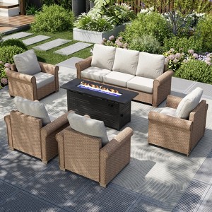 Captiva Designs Luxury Wicker Patio Conversation Fire Pit Set with Curved Armrests with Cushions - 1 of 4