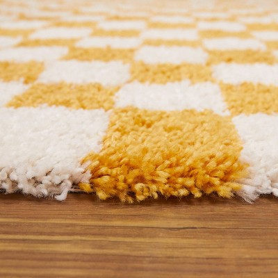 Yellow and White Checkered Shag Rug, 8' x 10', Synthetic