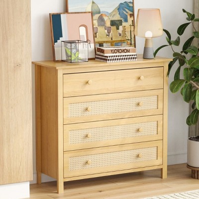 Modern Versatile Storage Cabinet with 4 Drawers & Faux Rattan Doors, Accent Cabinet Sideboard for Kitchen, Bedroom, Living Room, Hallway-Tanpinhause
