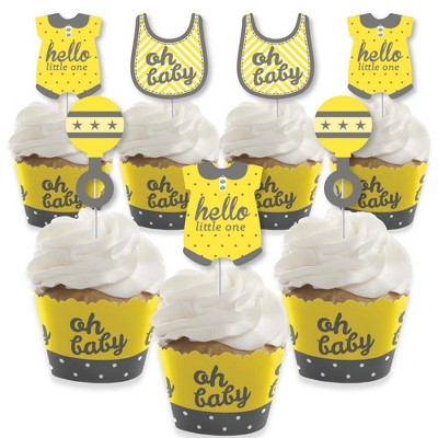 Big Dot of Happiness Hello Little One - Yellow and Gray - Cupcake Decoration - Neutral Baby Shower Cupcake Wrappers and Treat Picks Kit - Set of 24