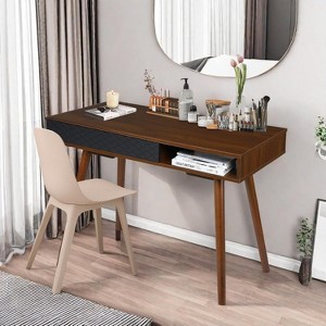 Walnut Modern Simple Home Office Desk, Mid Century Computer Writing Desk With Drawer, Solid Wood Legs, Open Storage Cubby - 1 of 4