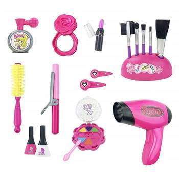 Insten 18 Piece Kids Beauty Salon Play Set, Pretend Hair Styling Toys, Pink