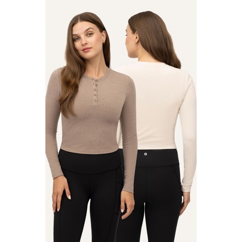 Yogalicious Womens 2 Pack Velvety Heather Valentina Long Sleeve Henley Crop  Top - Htr.Leafless Tree/Htr.Crystal Gray - X Large