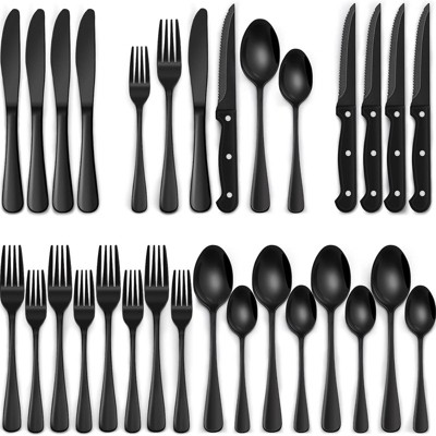 BRINJOY 24-Piece Black Silverware Set for 4 - Premium Stainless Steel Flatware Set with Steak Knives
