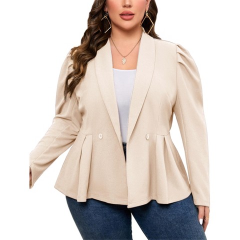 Женская куртка YesFashion Plus Size Peplum Blazer Jacket, Double Breasted Puff Shoulder Lapel Suit Coat, Curvy Fit Office Casual Outerwear Beige 1X, цвет: Бежевый