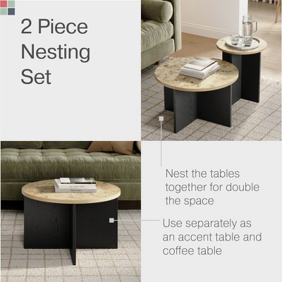 Stead Black and Burl Wood Round Nesting Coffee Table Set