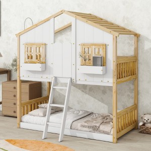 Twin over Twin House Bunk Bed with Roof , Window, Window Box, Door with Safety Guardrails and Ladder - 1 of 4