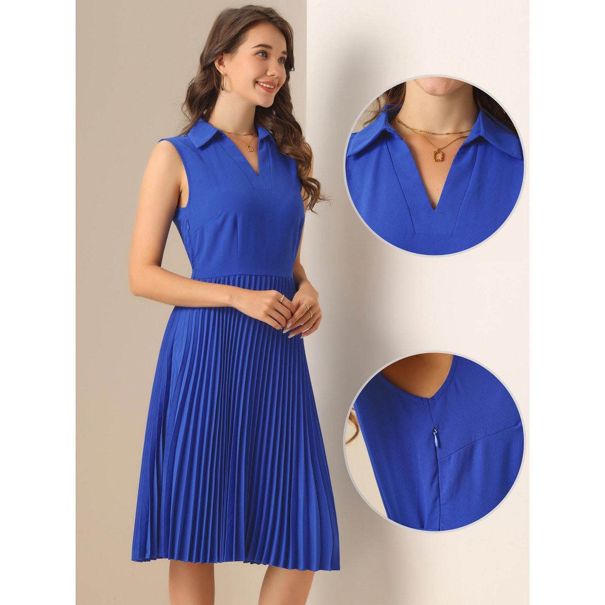 Женские платья INSPIRE CHIC Women's Collared Pleated V Neck Sleeveless Work Office Dress Blue Medium — фото 2