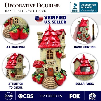 Solar Powered Red and Beige Resin Fairy Cottage Statue, 10"