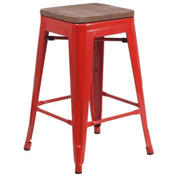 Flash Furniture 24" High Backless Metal Counter Height Stool with Square Wood Seat