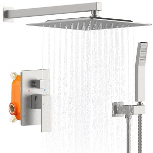 Wall-Mounted Shower System Combo Set with 10" Rainfall Shower Head, Handheld Shower, and Brass Valve Rough-In - 1 of 4