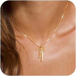 Gold Bow Pendant Necklace for Women, 14K Gold Plated CZ Bead Choker Christmas Gift - 1 of 4